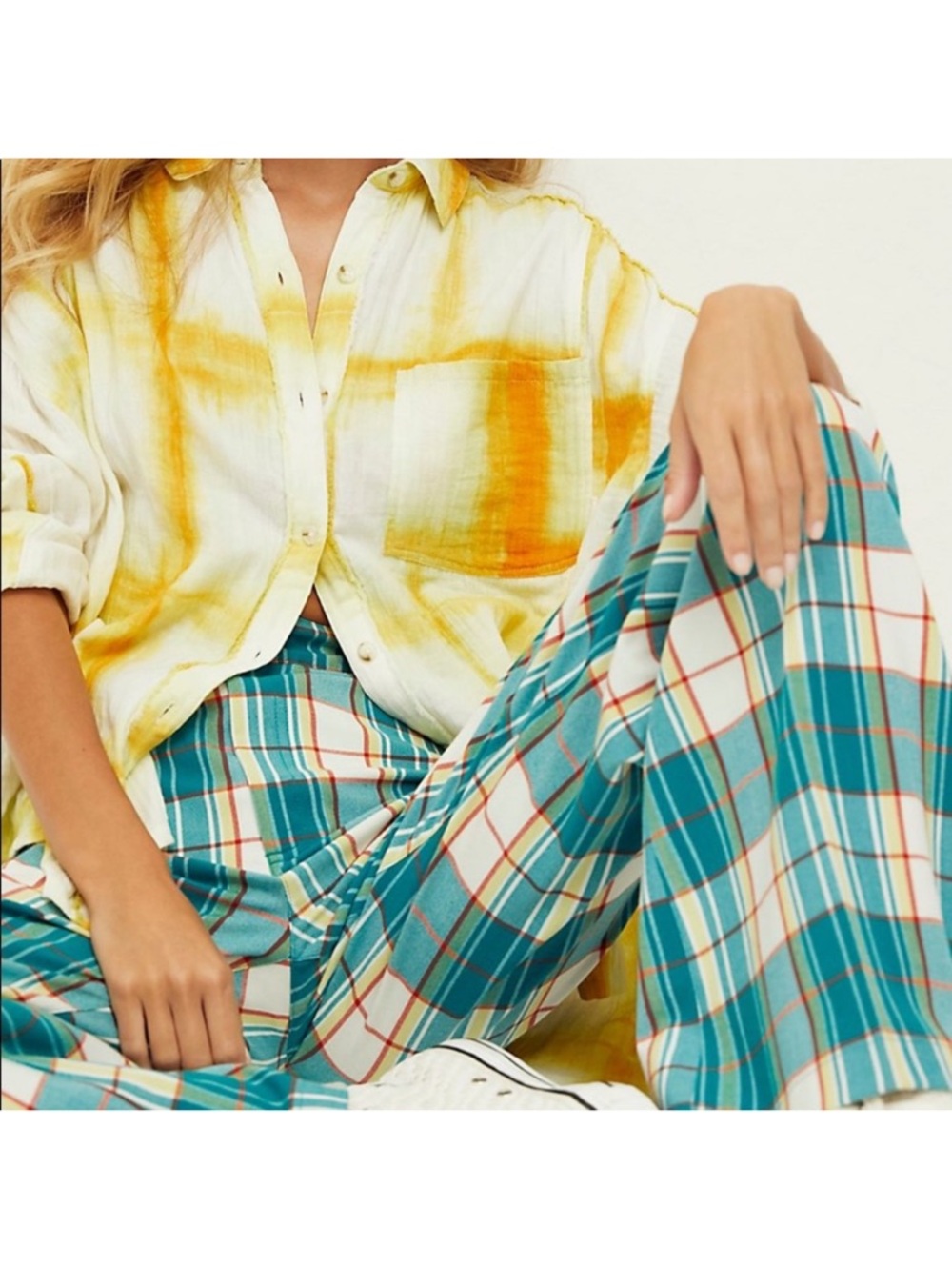 Free People Teal Plaid Wide Leg Pants - Picture 5 of 10